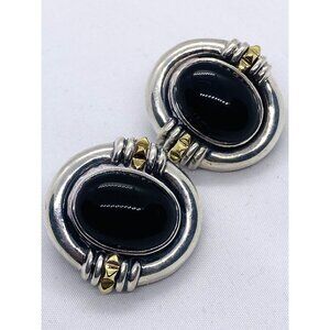 Lagos Caviar XL Black Stone Clip on With Post Earrings Silver and Gold